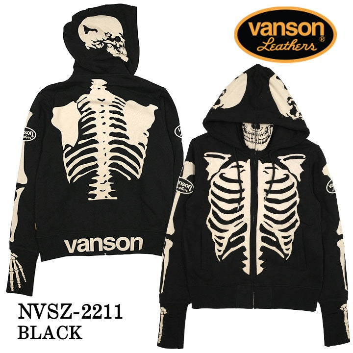 VANSON HOODIE SWEATSHIRT F/Z PARKA バンソン 裏毛F/Zパーカー メンズ スカル ボーン ドクロ nvsz-2211